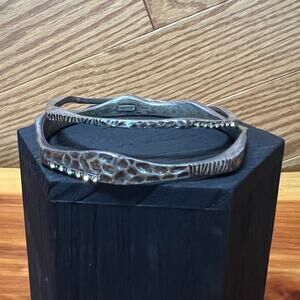 Chico's Hammered Metal Silver Tone Bangle Set 2 Pieces Crystals Accent Bracelets